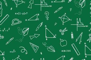 Back to school pencil doodles seamless pattern with school supplies, equations and geometric shapes in doodle style. vector