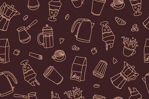 Seamless pattern of coffee time doodle. Teapots, cups, turk and sweets in doodle style. vector