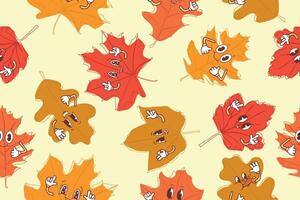 Seamless pattern of autumn leaves in kawaii style. illustration on yellow background. vector