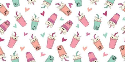 Bubble milk tea funny seamless pattern. Hand drawn kawaii smiled drinks with tapioca pearls. vector