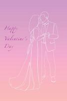 Postcard Happy Valentine's Day. Continuous line drawing of couples who love each other hold hands. illustration. vector