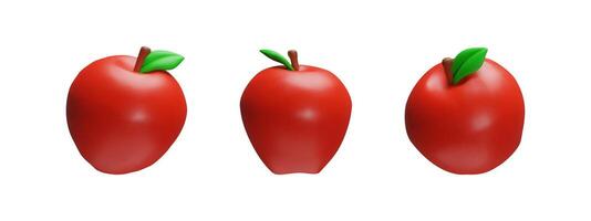 3d juicy red rendering set of apple with leaf. School symbol collection of knowledge, education realistic fruit. illustration in cartoon render style. Organic ripe health sweet vegetable. vector
