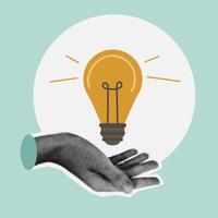 Halftone hand holds light bulb in trendy vintage style. Creative idea generation or brainstorm concept. Design element. Pop art vector