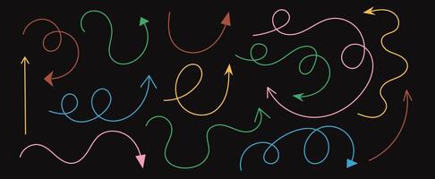 Drawing curly arrows symbol in doodle style. Set of playful color wavy swirl arrow isolated on black background. Design elements vector