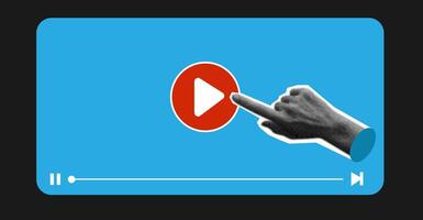 Halftone hand click play button player in trendy style . Fingers touch, click or tap. vector