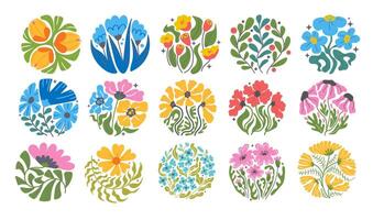 Set of multicolored abstract floral botanical circle in trendy naive retro hippie 60s 70s style. Groovy abstract flower set. vector
