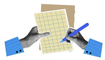 Halftone hand writes on blank paper note in trendy style. Dotted hand hold pen in vintage halftone style. vector