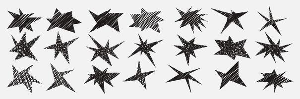Set of abstract drawing texture stars shape. Retro spiked circle stickers. Bursting explosion star. vector