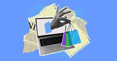 Halftone hand holds shopping package in trendy vintage style. Shopping online concept. Banner with laptop hand give packet. vector