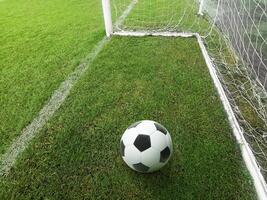 A soccer ball lies on a soccer field with green grass in a goal net after a goal scored by an athlete photo