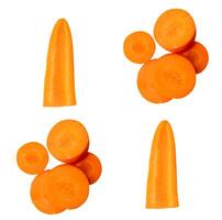 Top view set of fresh orange carrot slices or pieces in stick and circle shape in stack isolated on white background photo