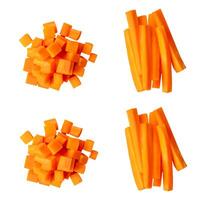 Top view set of orange carrots in cube shape and stick in stack isolated on white background photo