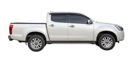 Side view of white pickup truck isolated on white background with clipping path photo