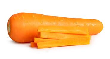 Side view set of fresh orange carrot with slices or pieces in stick shape in stack isolated on white background with clipping path photo