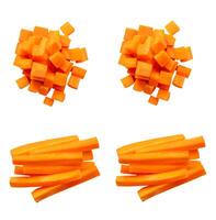 Top view set of orange carrots in cube shape and stick in stack isolated on white background photo