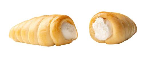 Front view of puff pastry cream horns isolated on white background photo
