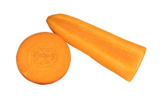 Side view of orange carrot slices or pieces in circle and stick shape isolated on white background with clipping path photo