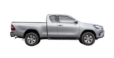 Side view of gray pickup truck isolated on white background with clipping path photo