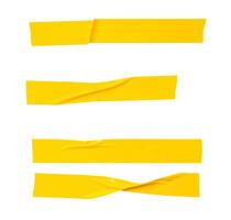 Top view set of wrinkled or crumpled yellow adhesive vinyl tape or cloth tape in stripe shape isolated on white background with clipping path photo