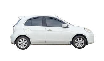 Side view of white mini or small car isolated on white background with clipping path photo
