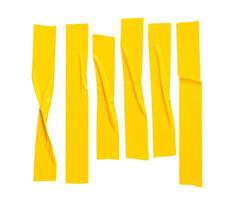 Top view set of wrinkled or crumpled yellow adhesive vinyl tape or cloth tape in stripes shape isolated on white background with clipping path photo