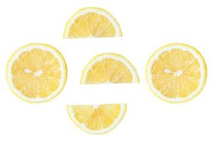 Top view set of fresh yellow lemon fruits in halves and slices or quarter shape isolated on white background with clipping path photo
