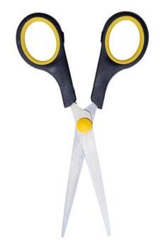 Top view of pair of multipurpose scissors with black and yellow handle isolated on white background with clipping path photo