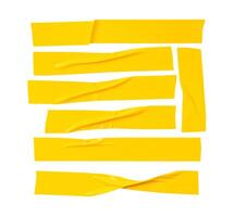 Top view set of wrinkled or crumpled yellow adhesive vinyl tape or cloth tape in stripes shape isolated on white background with clipping path photo
