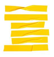Top view set of wrinkled or crumpled yellow adhesive vinyl tape or cloth tape in stripes shape isolated on white background with clipping path photo