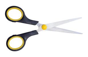 Top view of pair of multipurpose scissors with black and yellow handle isolated on white background with clipping path photo