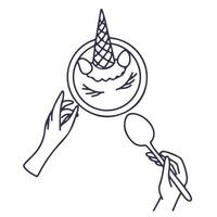 Hand keep spoon and bowl with smoothie with unicorn ice cream strawberry ears line style. icon isolated on white background. Hand drawn vector
