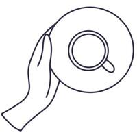 Line illustration of hand holding cup. The fingers are keeping the handle. View from above. icon isolated on pink background. vector