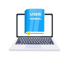 Online user manual displayed on a laptop screen, providing digital guidance and support for users vector