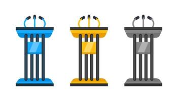 Set of podium tribune rostrum stands with microphones for conference or public speaker is isolated on white background vector