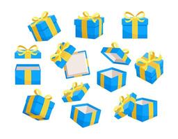 Set of blue gift boxes with yellow ribbons are floating and rotating, some of them are open and empty while others are closed vector