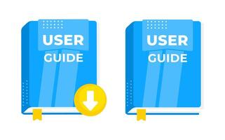 Blue user guide book icons with download symbol, representing accessing information and instructions online vector