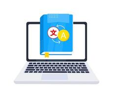 Online language course, digital translation service concept, laptop translating document, foreign languages learning app vector