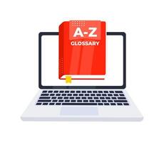 A z glossary book coming out of a laptop screen, providing definition and explanation service through internet vector