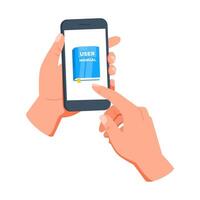 Hands holding smartphone, touching screen, reading user manual for education. Modern digital technology concept for learning and connecting vector