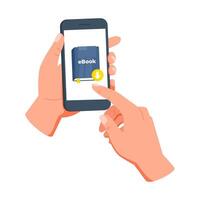 Hands are holding smartphone and finger is pressing download button on ebook cover, downloading electronic book from online store vector