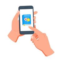 Close up of someone using a language learning app on a smartphone, tapping the screen to interact with a blue icon. Enhance vocabulary, grammar, and language skills online vector