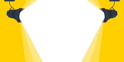 Bright spotlights shine on a white background fading into yellow, setting the stage for a show. Perfect for adding drama and excitement to any design or event vector
