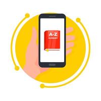 Hand holding a smartphone with a dictionary app, symbolizing the use of technology for language learning and vocabulary building vector