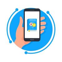 Illustration of a hand holding a smartphone with a language translator app open, symbolizing the ease of global communication and learning vector