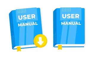 Two blue user manuals, one with a download symbol, illustrating the concept of online reading vector