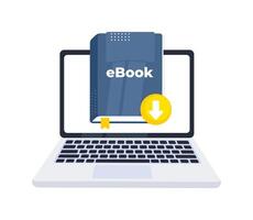 Laptop is displaying an ebook with a download icon, representing the concept of online education and digital learning vector