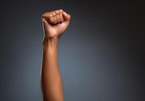 Close-up on fist raised up in the air on studio background photo