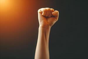 Close-up on fist raised up in the air on studio background photo