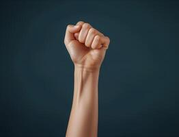 Close-up on fist raised up in the air on studio background photo