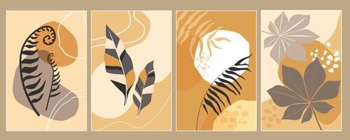 A set of abstract minimalistic posters with silhouettes of leaves against a background of random spots and lines. Trendy simple natural illustration. vector